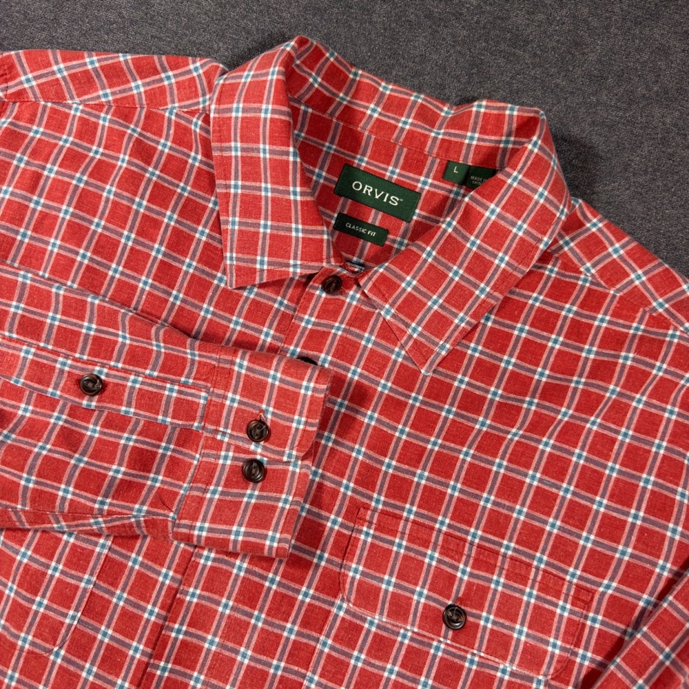Orvis Button Down Shirt Mens Large Red Plaid Classic Fit Hemp Blend Stretch